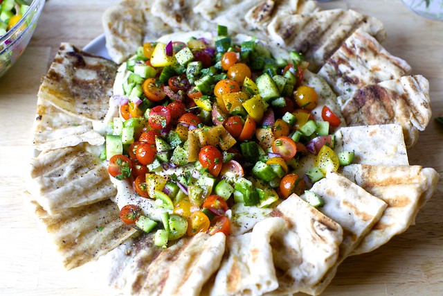 hummus with tomato-cucumber salad