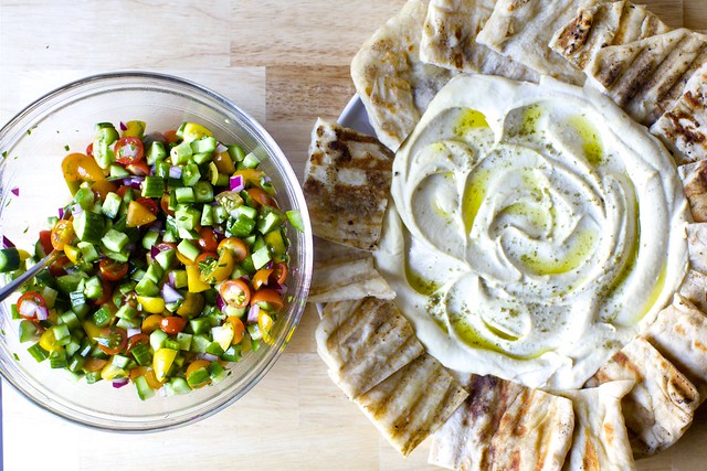 hummus with tomato-cucumber salad