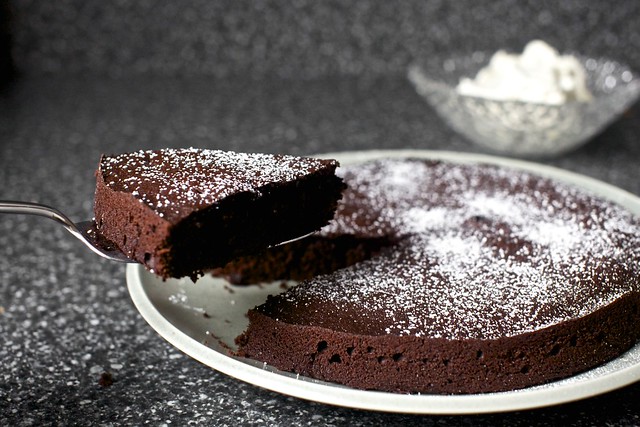 red wine chocolate cake, dusted