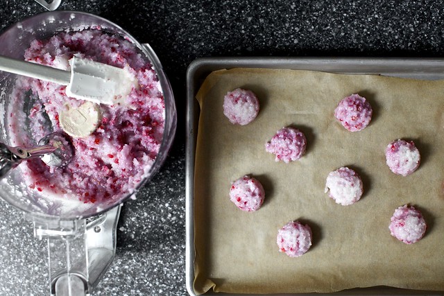 scooping raspberry coconut macaroons