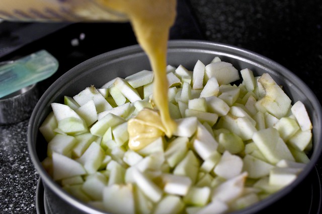 pour the batter over the apples