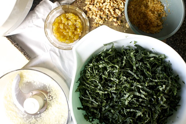 pecorino, plumped raisins, walnuts, crumbs, kale