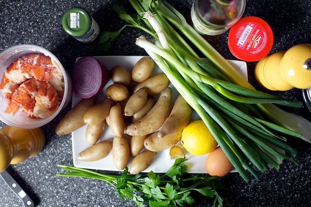 lobster, potatoes, scallions, etc.