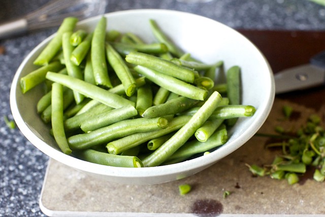 trim and halve green beans (I use kitchen shears)