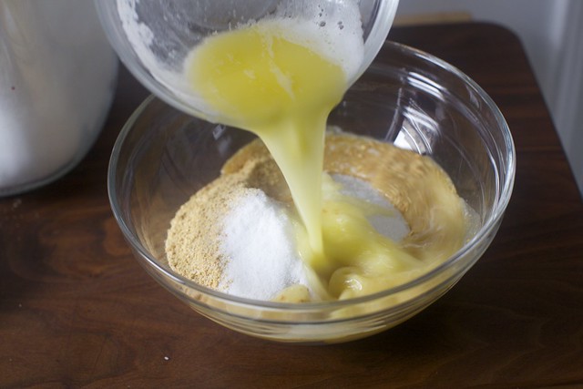 butter into graham crumbs, sugar, salt