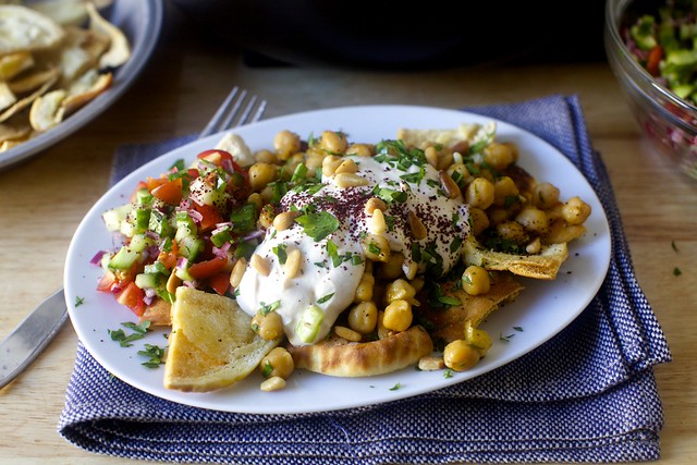baked chickpeas with pita chips and yogurt