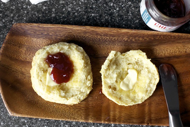 buttermilk biscuit, pat of butter, dollop of jam