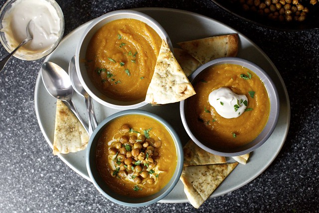 carrot soup, tahini, crisp chickpeas