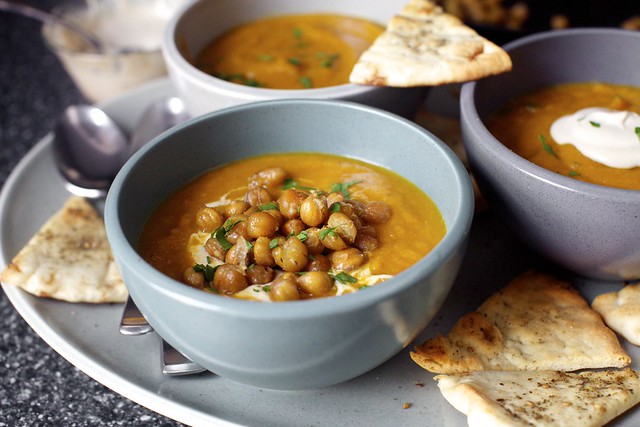 carrot soup with tahini and crisped chickpeas