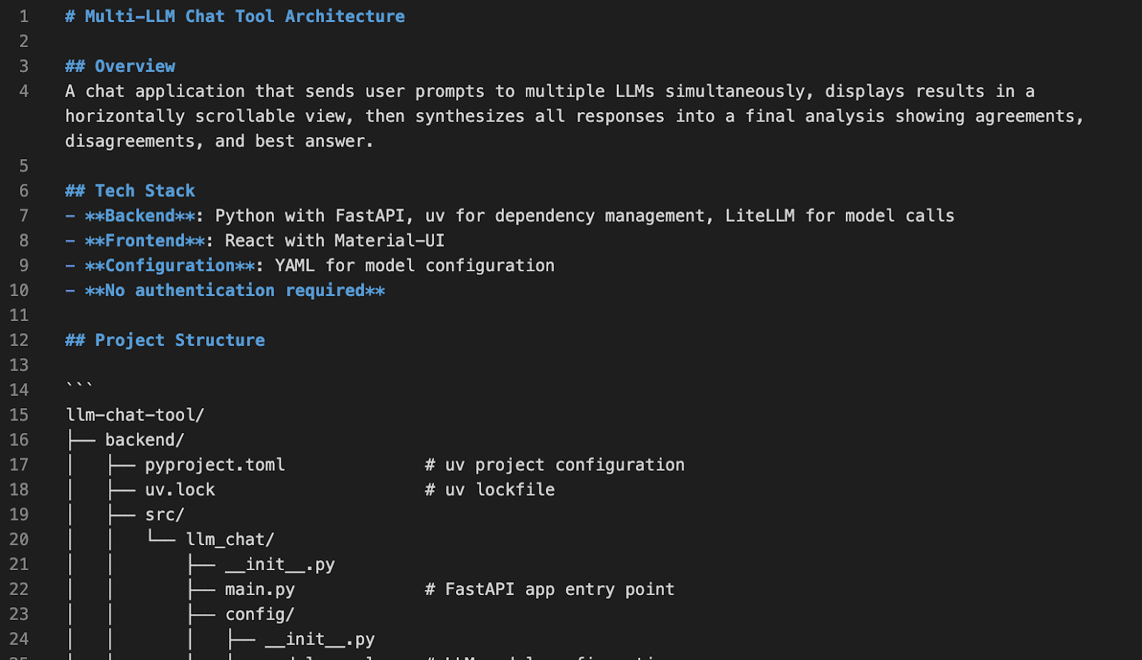 A screenshot of a document titled 'Multi-LLM Chat Tool Architecture', outlining the overview, tech stack, and project structure for the application.