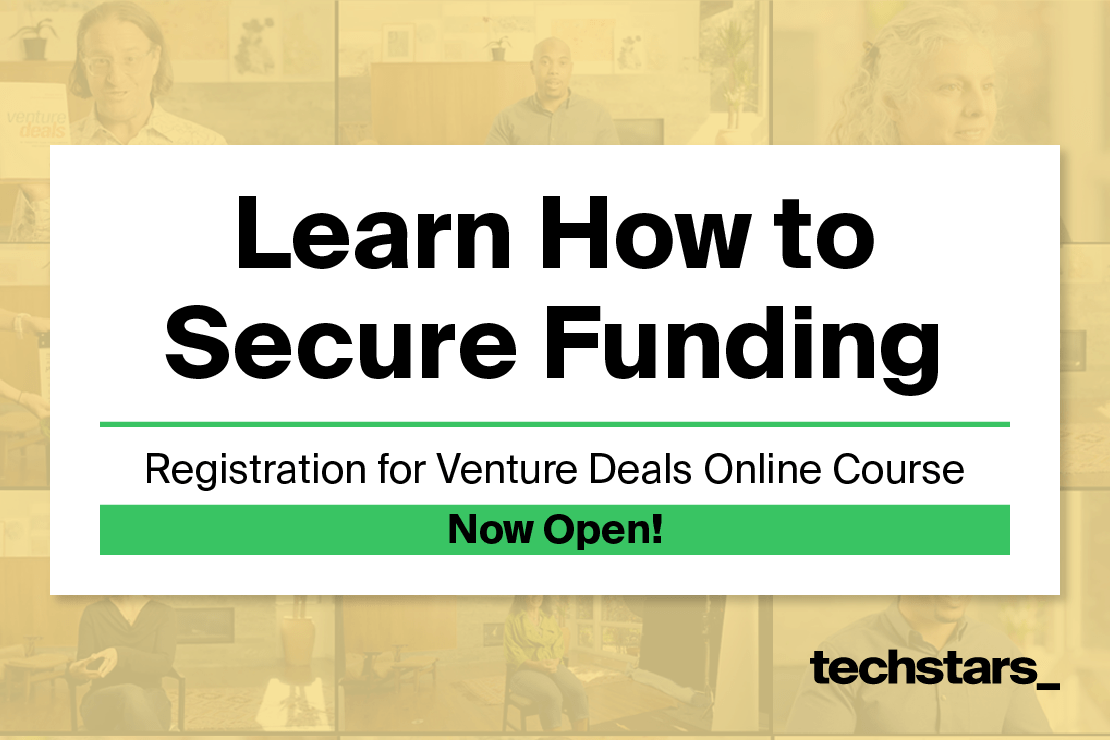 Promotional image for an online course titled 'Learn How to Secure Funding', featuring text about registration being open for the Venture Deals course.