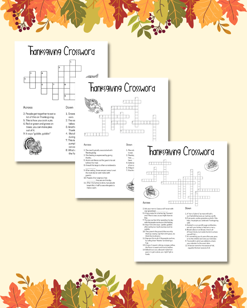 Thanksgiving Crossword Puzzles Free Printable Pdf Set Of 3 Fickle Hobbyist