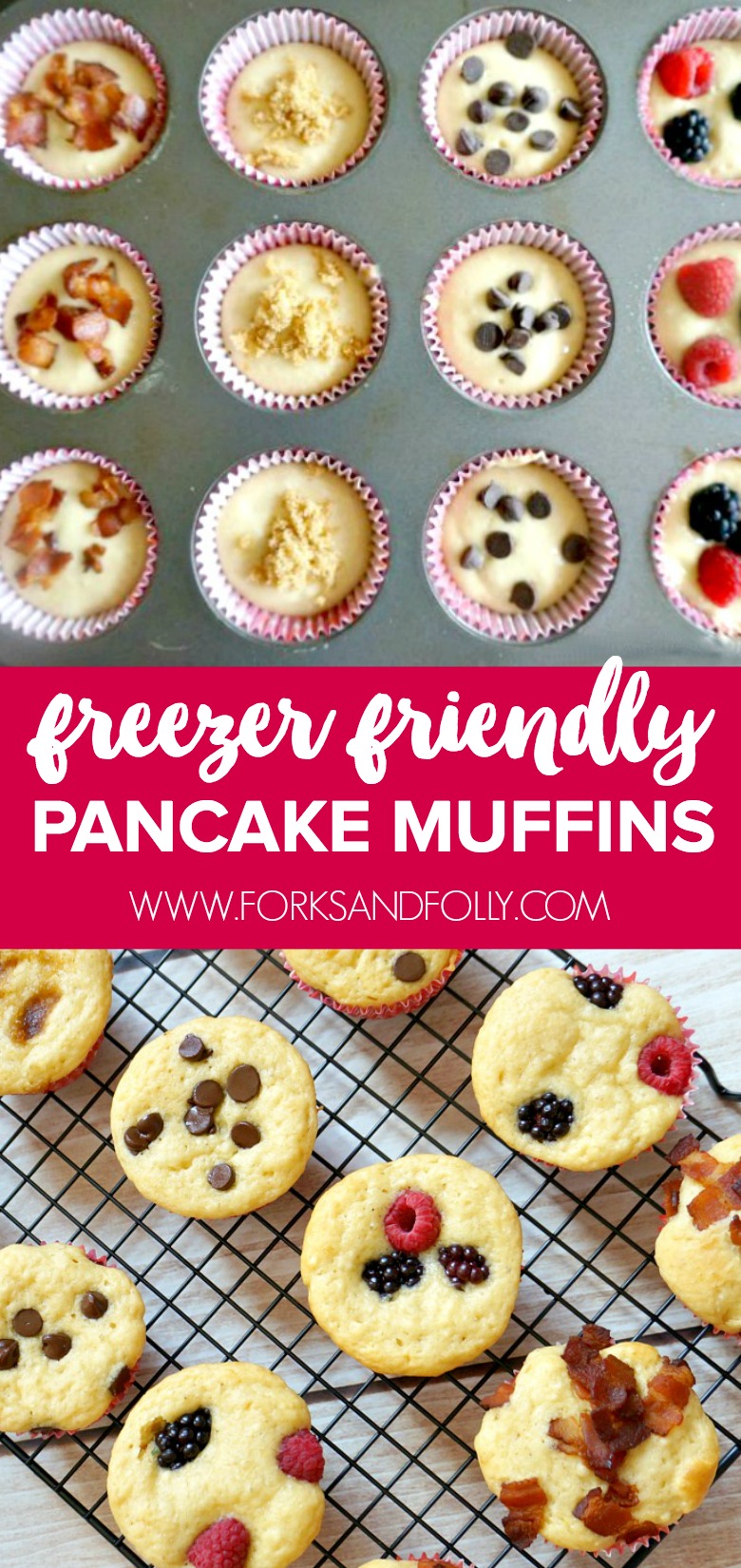 Mix and match your favorite toppings to make these freezer-friendly pancake muffins.  Whip these up on the weekend and you'll have breakfast ready to grab-and-go during the hectic week ahead.  Perfect for the busy back-to-school season!