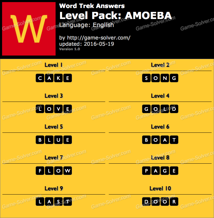 Word Trek Level Pack 1 AMOEBA Answers
