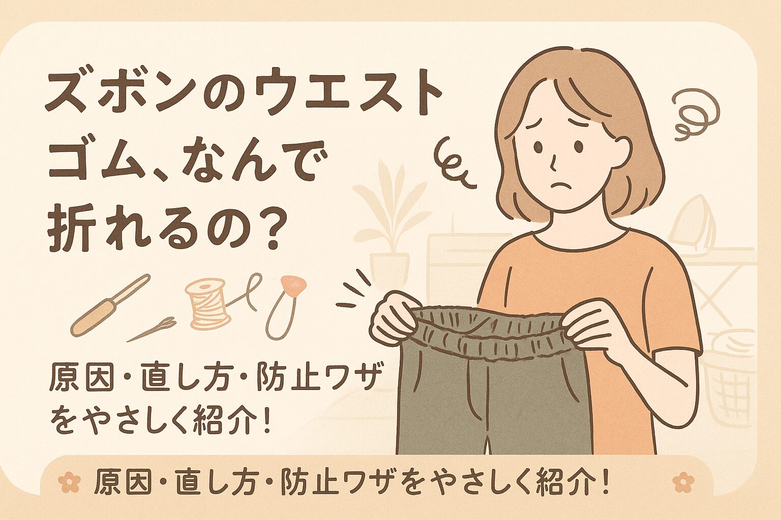 ズボンのウエストゴムを見て困った表情の主婦のイラスト。ゴムが中で折れてしまい、対策を考えている様子