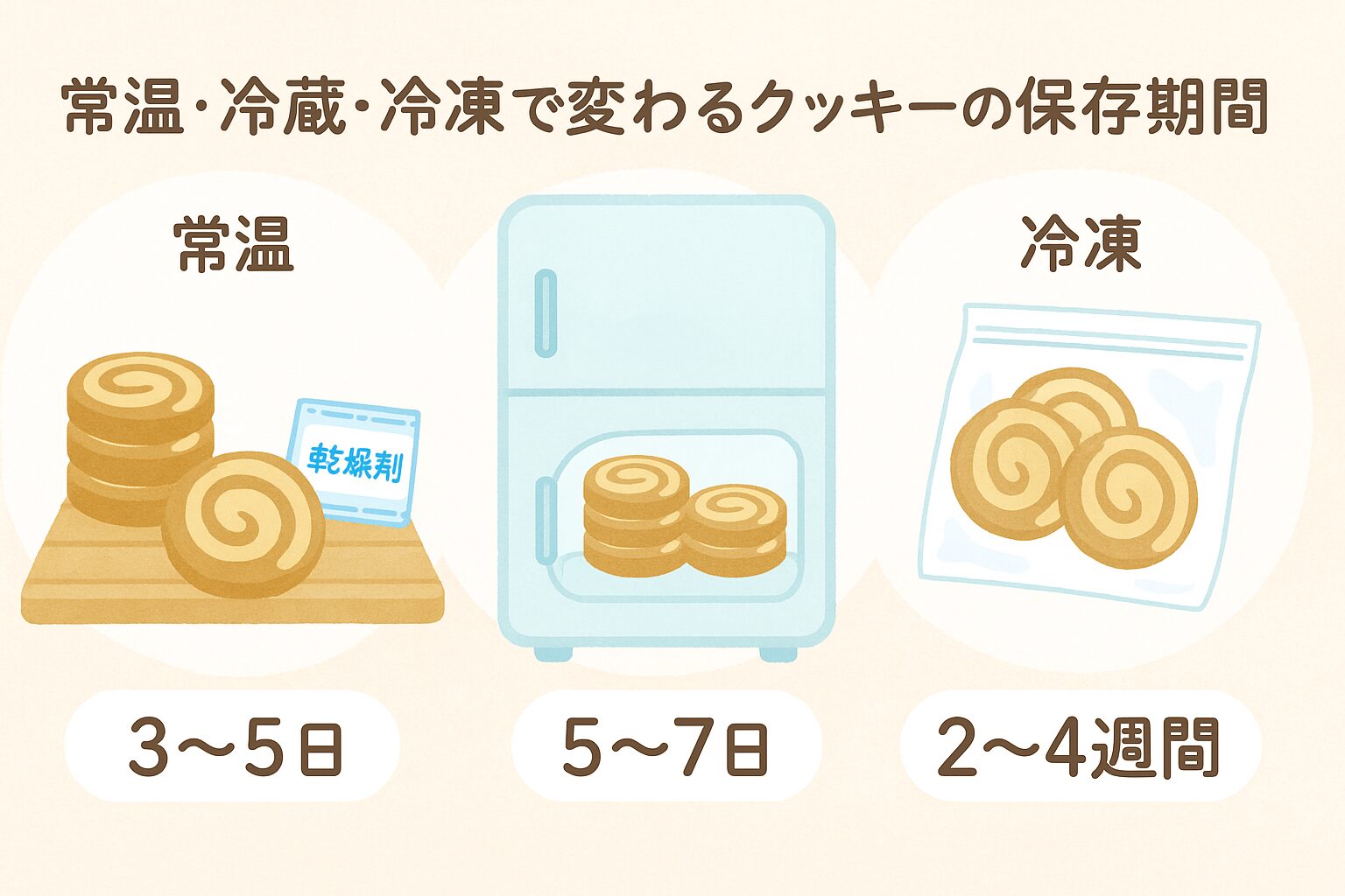 クッキーの保存方法による日持ちの違いを示す図解(常温・冷蔵・冷凍)