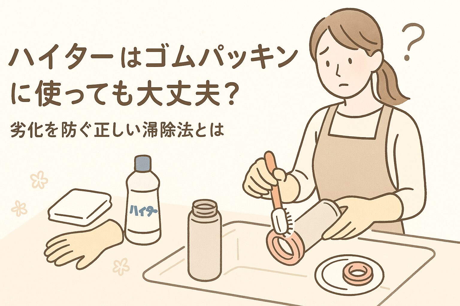 水筒のゴムパッキンをハイターで掃除しようとしている女性の手元。清潔感あるキッチンでのやさしい雰囲