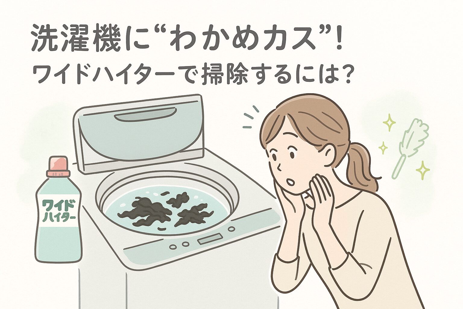 洗濯機の中に黒い“わかめカス”が浮かび、驚いた表情でのぞき込む主婦とワイドハイターのボトル
