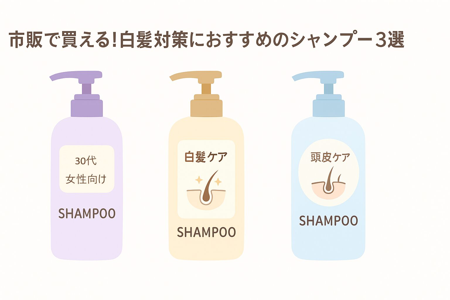 30代女性向けの白髪対策シャンプー3本のイメージイラスト