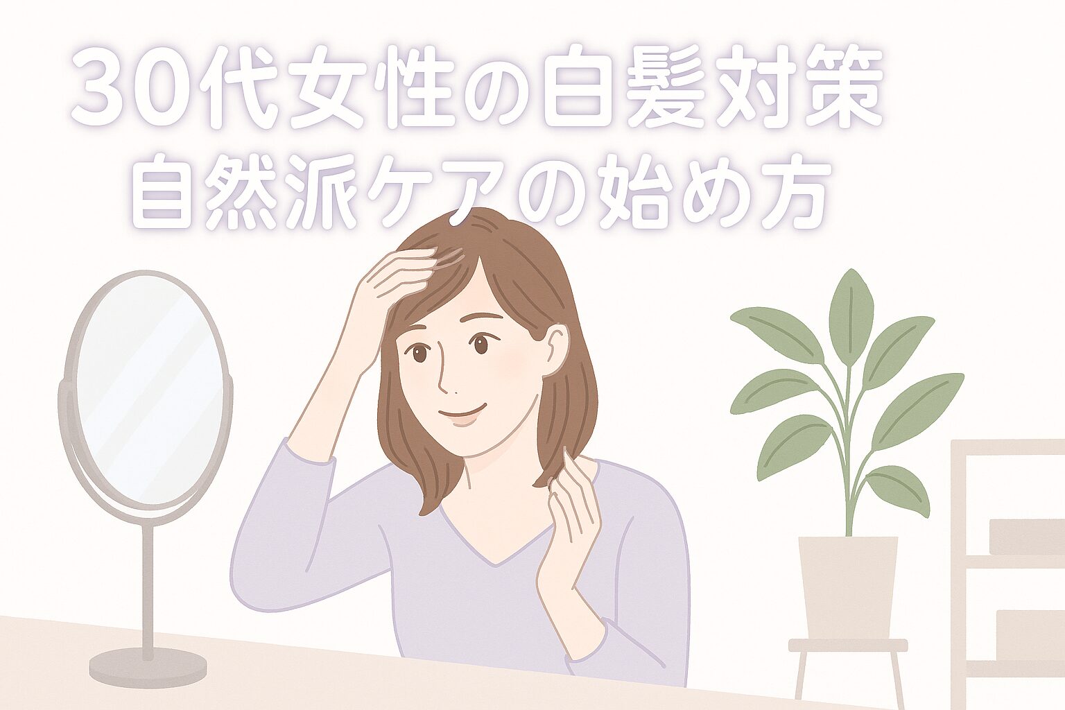 鏡を見ながら白髪をチェックし、自然な白髪ケアを始めようとしている30代女性のイラスト