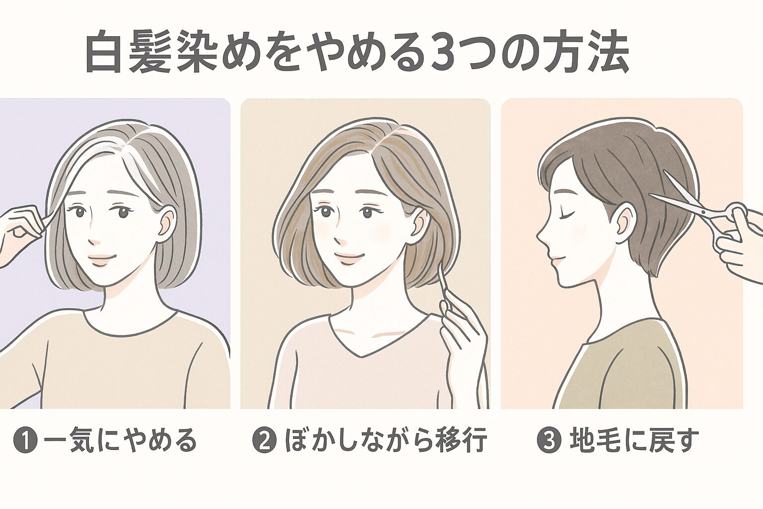 白髪染めをやめる3つの方法(グレイヘア移行・白髪ぼかし・地毛へ戻す)を図解したイラスト