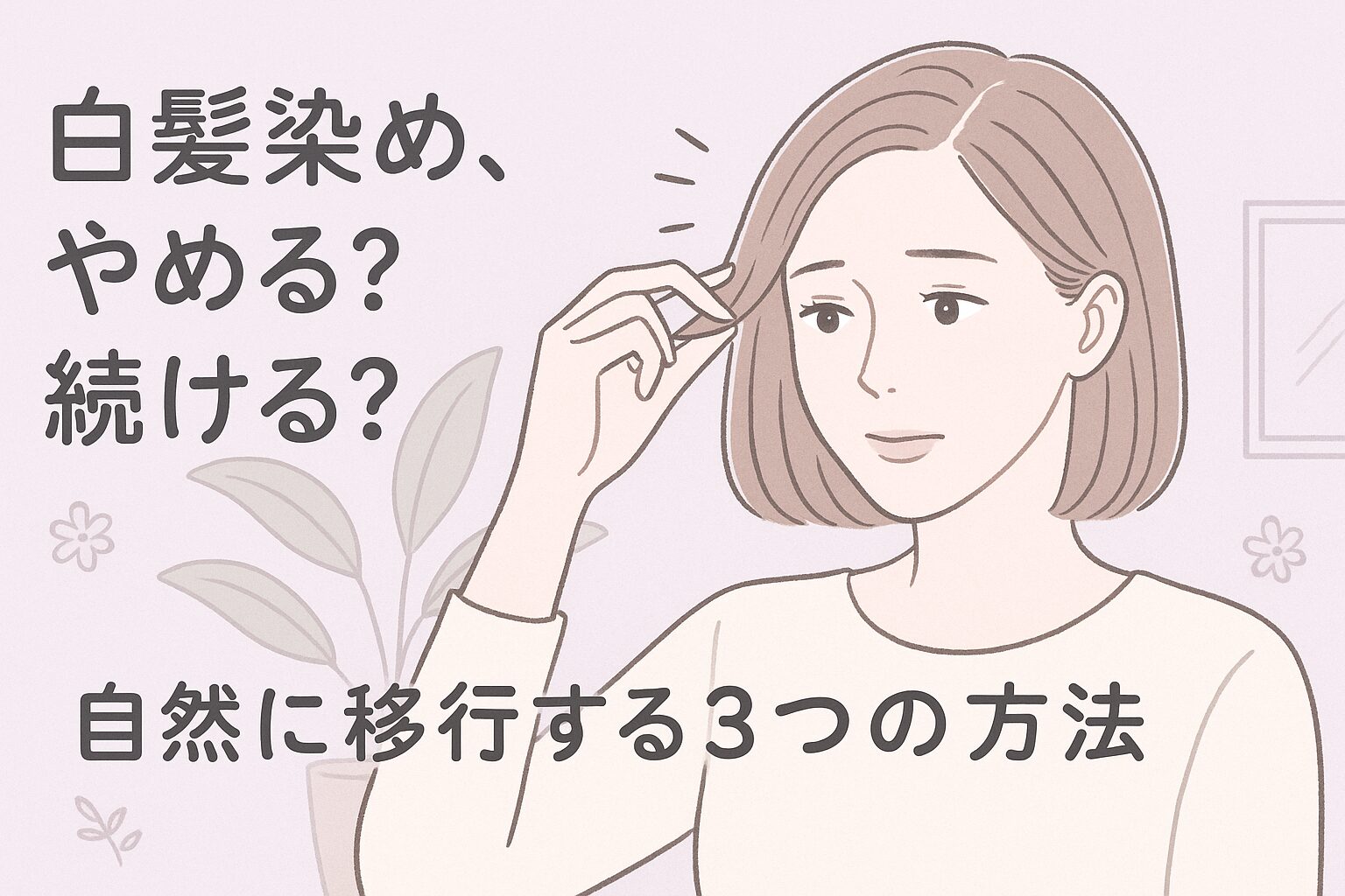 白髪が気になり始めた女性が鏡の前でやめるべきか悩んでいる様子