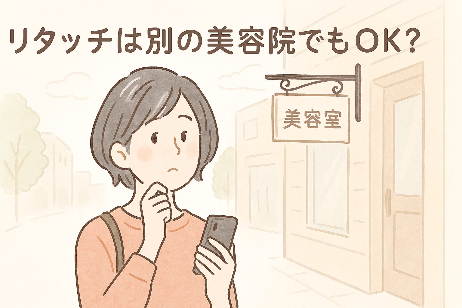 別の美容院でリタッチするか迷っている40代女性のイラスト