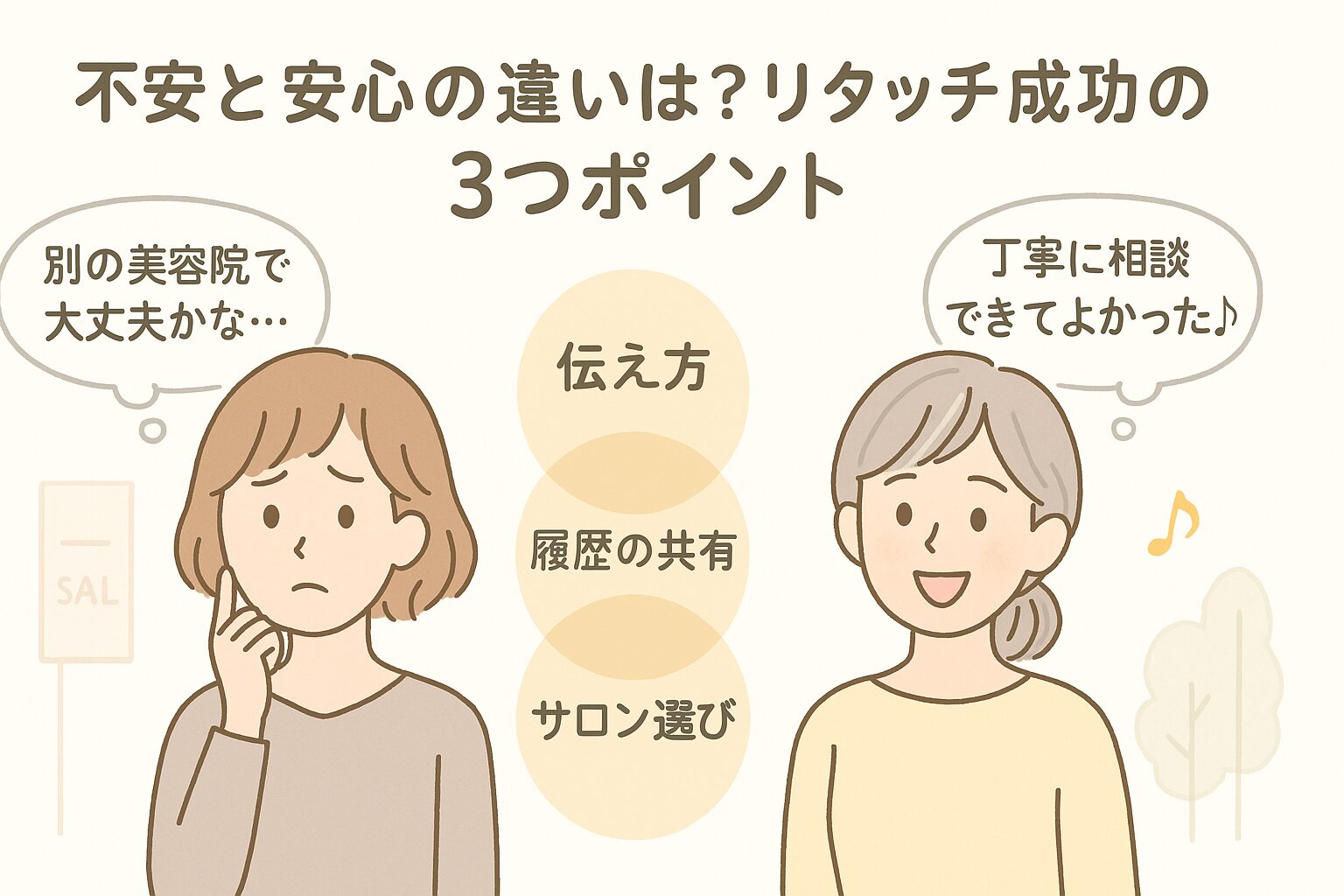 リタッチを別の美容院で行う際の不安と安心の違いを対比する女性2人のイラスト