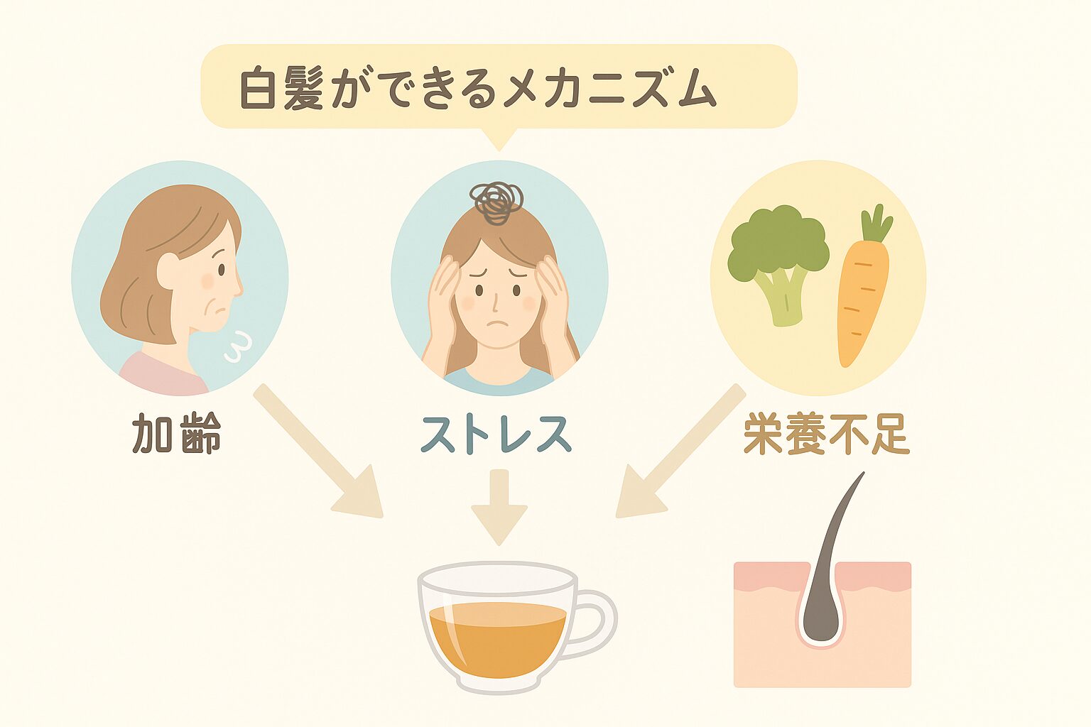 白髪ができる主な原因を示す図解(加齢・ストレス・栄養不足)