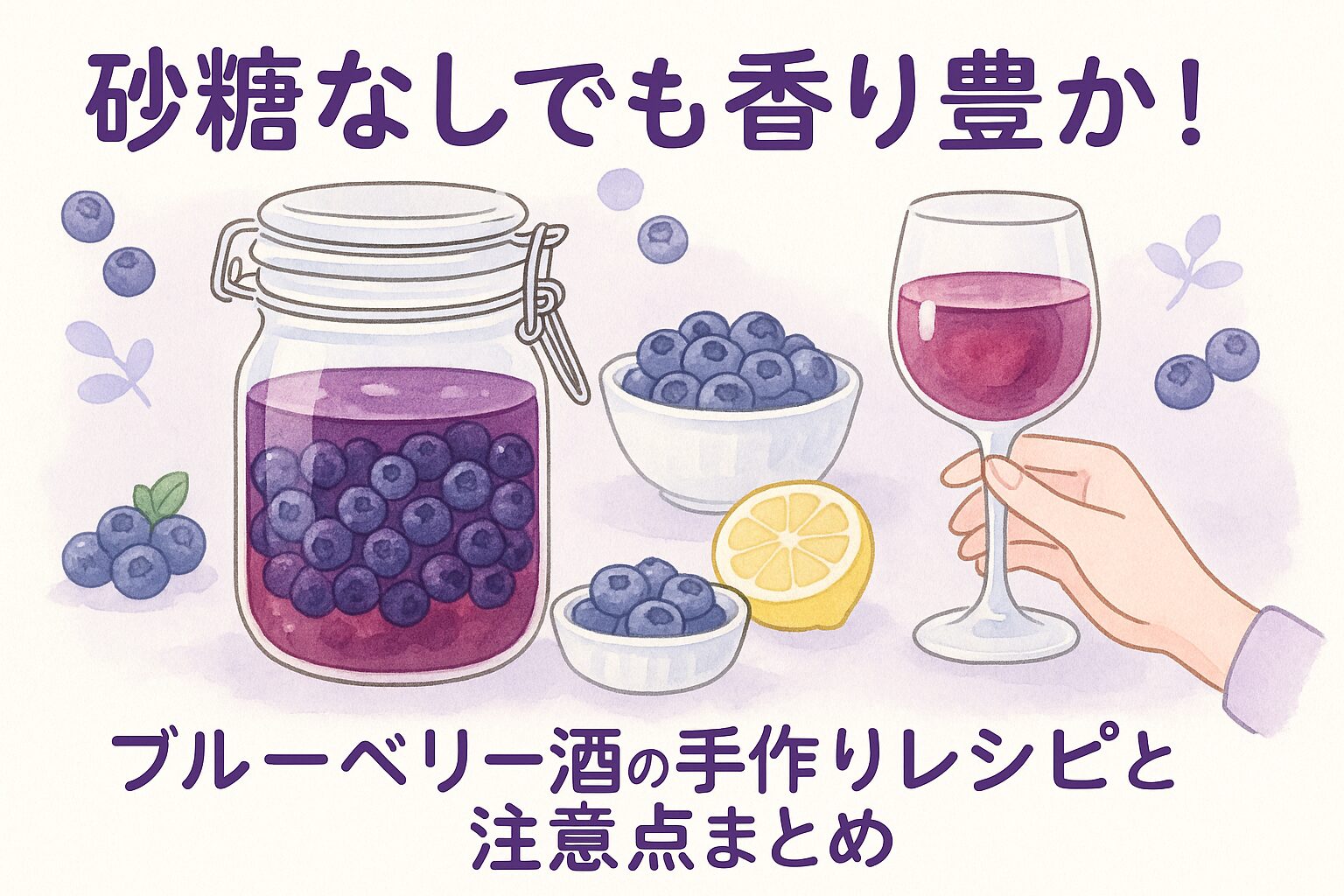 手作りブルーベリー酒と材料のイラスト｜砂糖なしでも香り豊かでヘルシーな果実酒