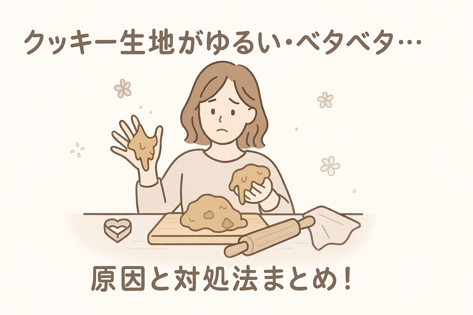 ベタベタになったクッキー生地を前に困っている女性のイラスト。型抜きもうまくできずに悩んでいる様子。