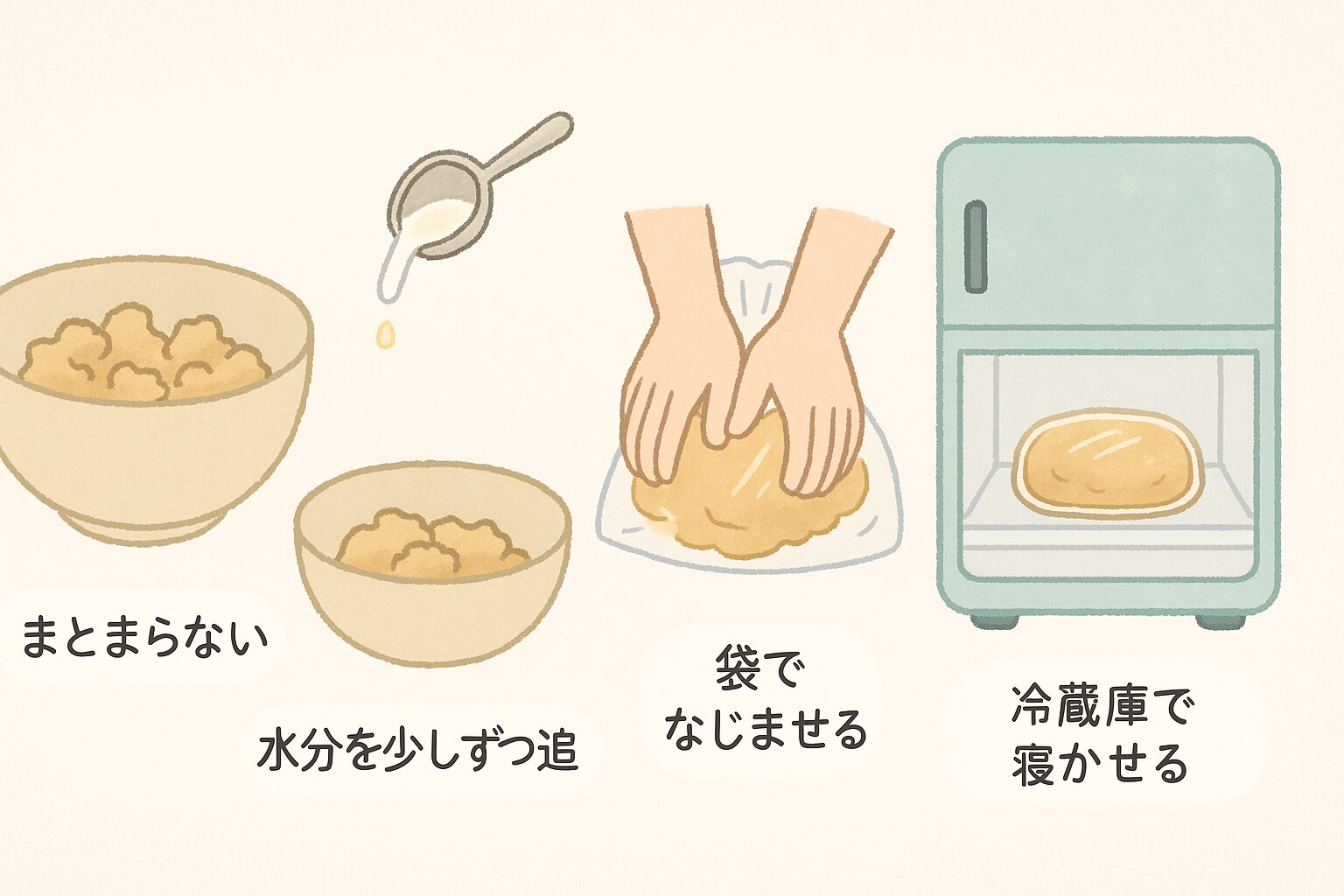 クッキー生地がまとまらないときの応急処置をイラストで解説した図解(牛乳を加える→袋で揉む→冷やす)