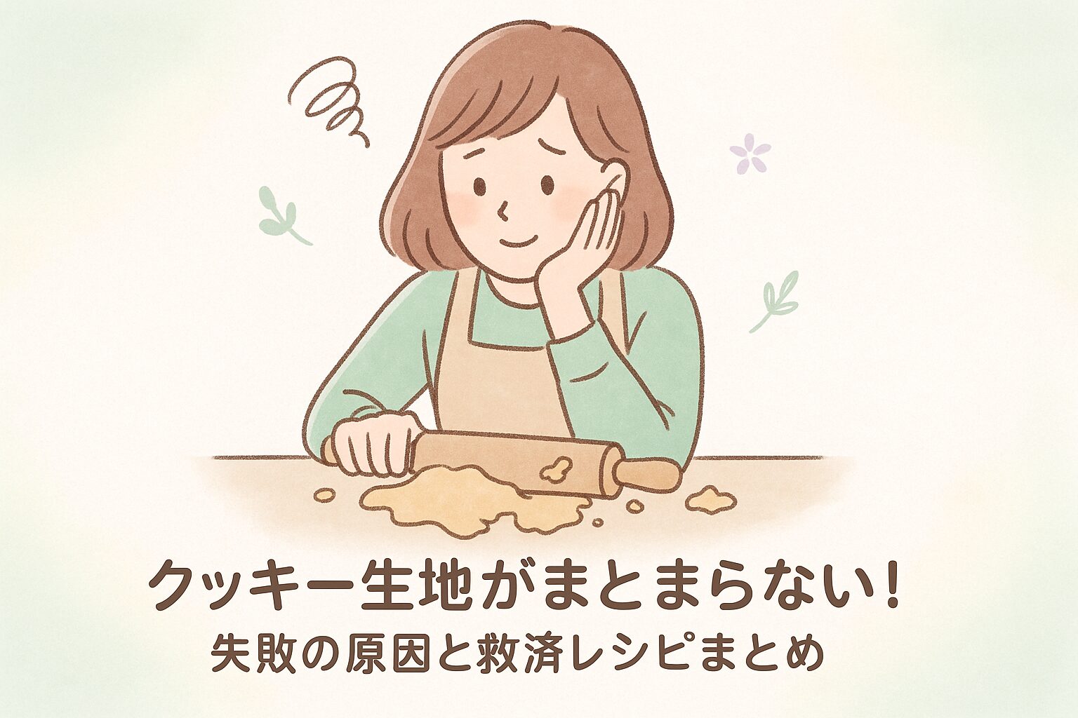 クッキー生地がまとまらず困っている女性のイラストと、対処法を紹介するアイキャッチ画像