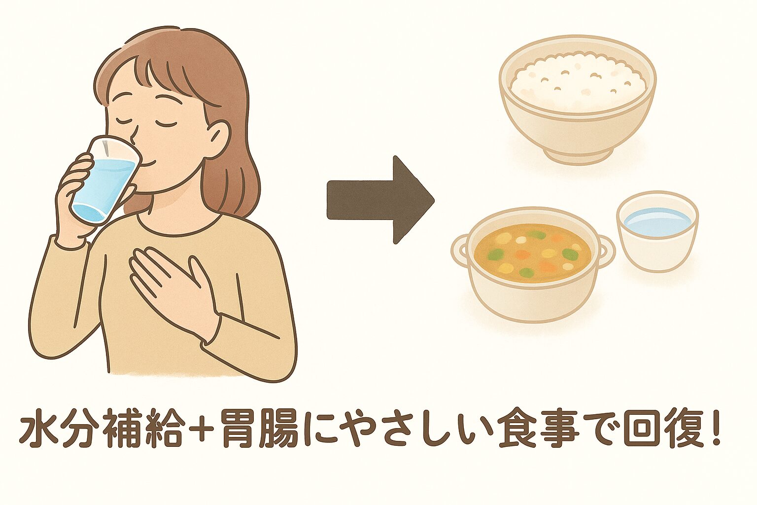 らっきょうを食べすぎた後、水分補給と胃腸にやさしい食事で回復を目指す女性のイラスト