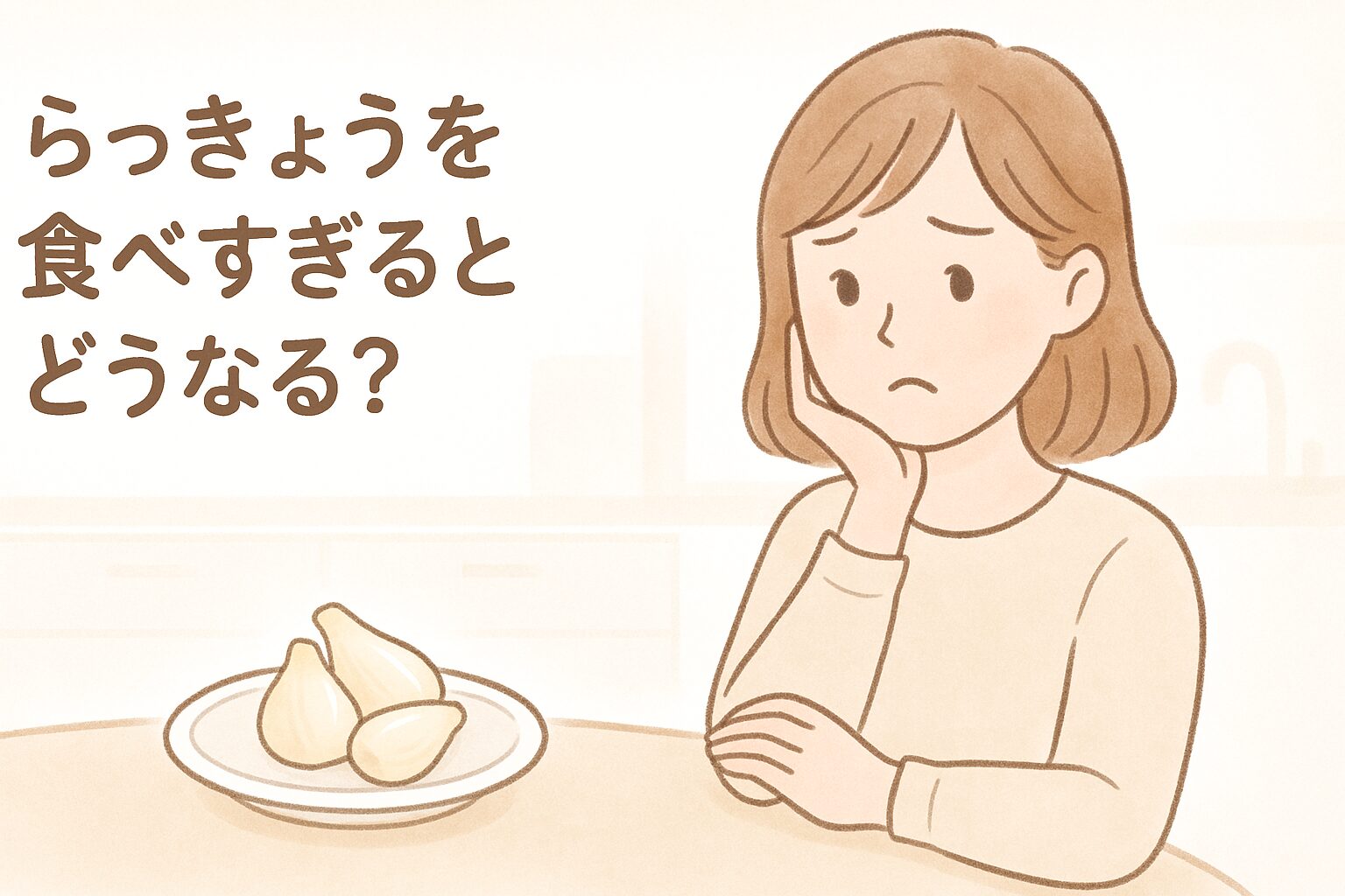 らっきょうを食べすぎるとどうなるの？小皿に盛られたらっきょうと困った表情の女性のイラスト