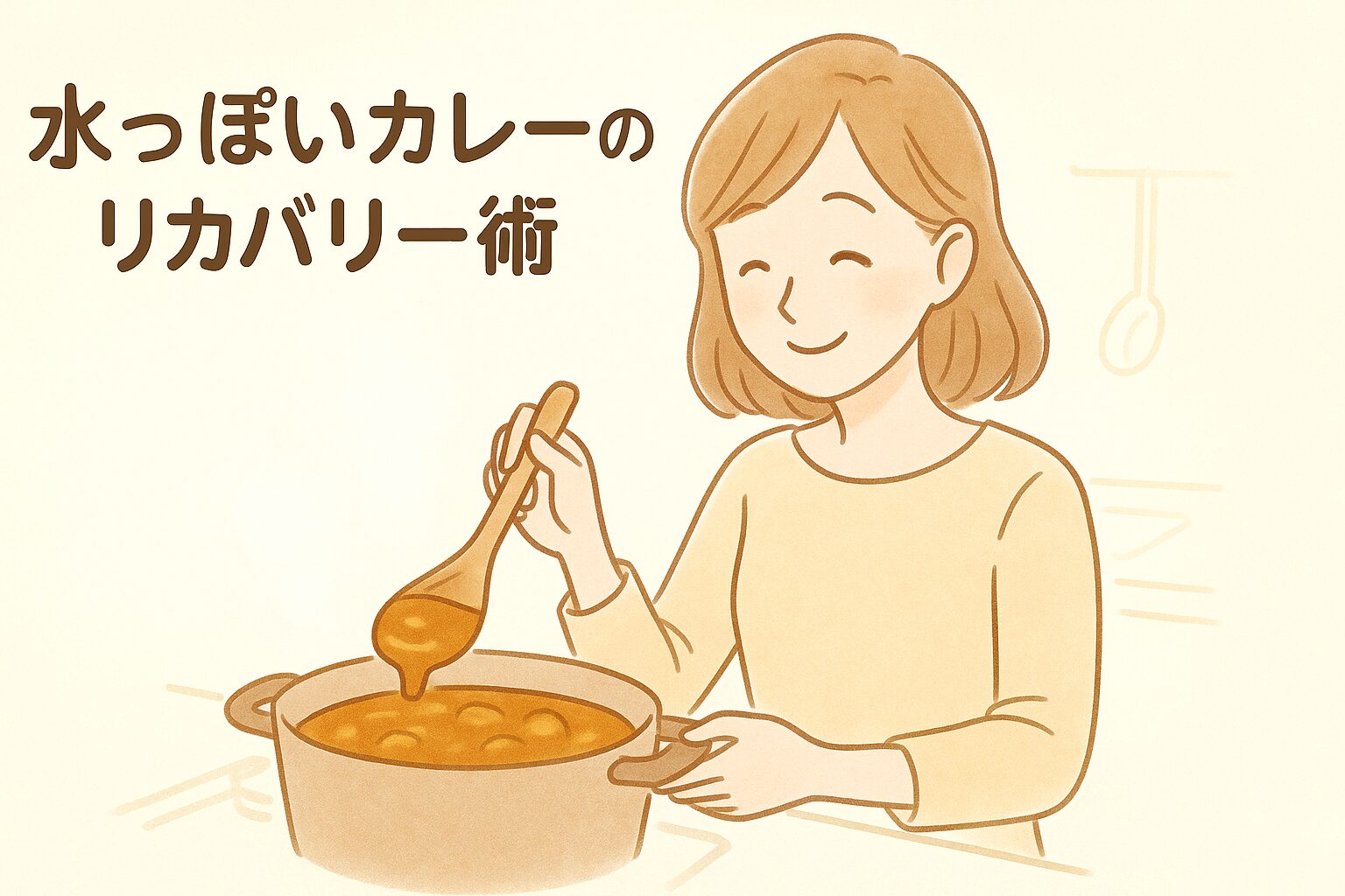 水っぽくなってしまった新玉ねぎカレーのとろみを取り戻し、うれしそうにしている女性のイラスト