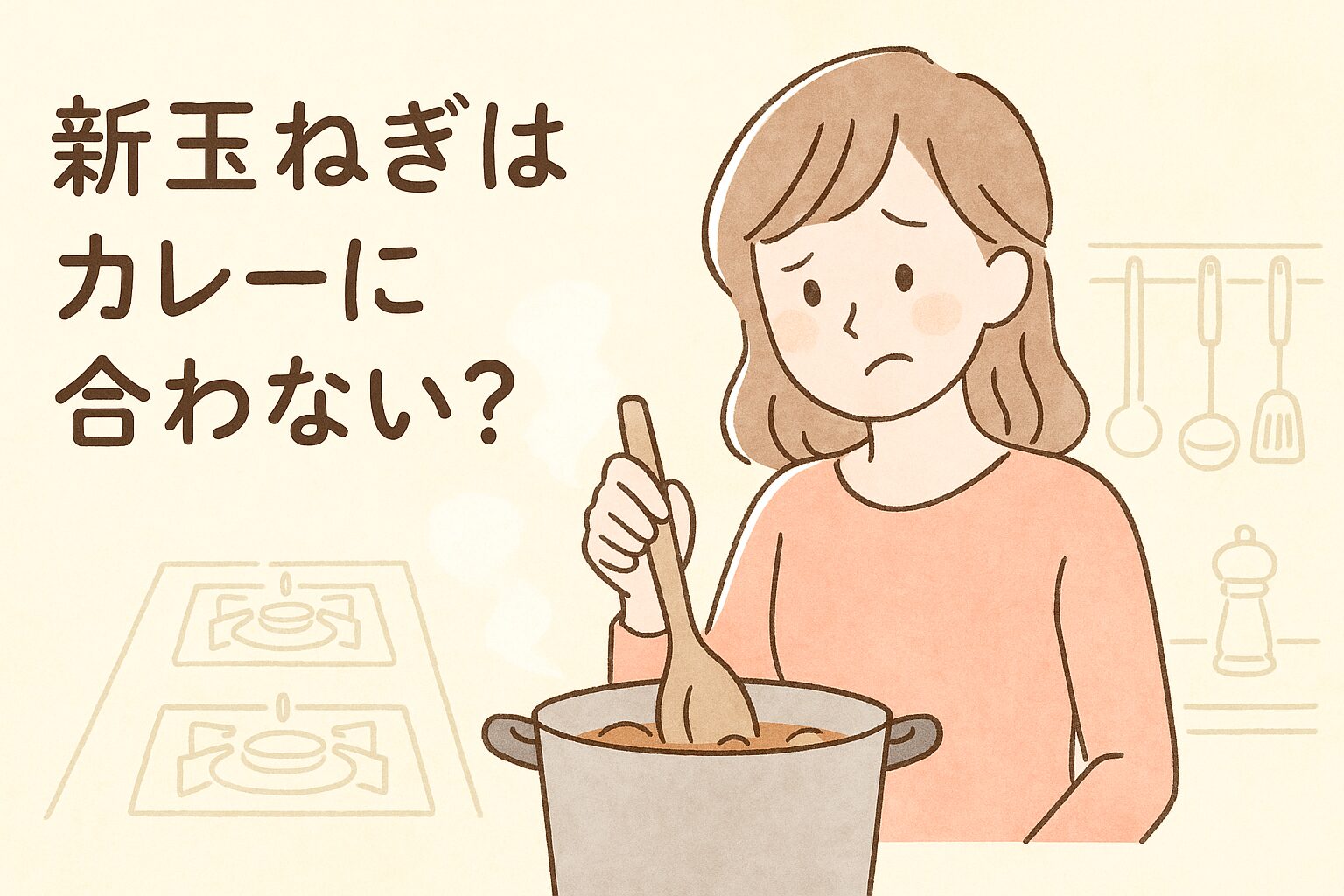 「新玉ねぎはカレーに合わない？」というテキストと、カレー鍋をのぞく女性のイラスト