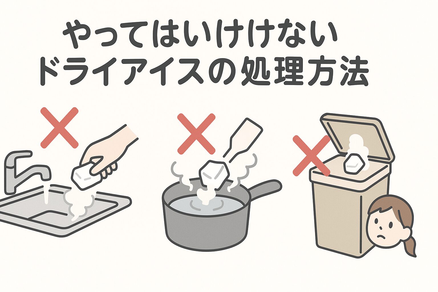 家庭内で、やってはいけないドライアイスの処理方法を表現したイラスト(流しやシンクに捨てる、お湯をかける、ゴミ箱に捨てる、など)