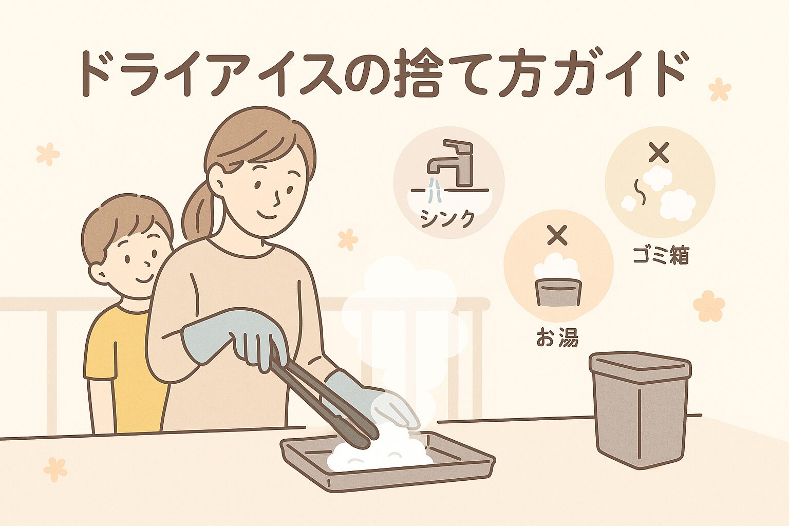 家庭で安全にドライアイスを処理している女性と、NG例の注意アイコン