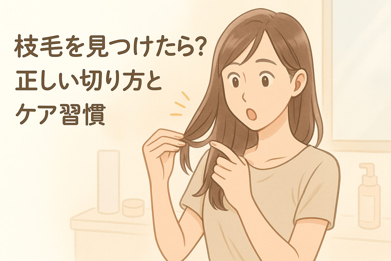 枝毛を見つけて驚いた様子の女性が鏡の前で髪をチェックしている