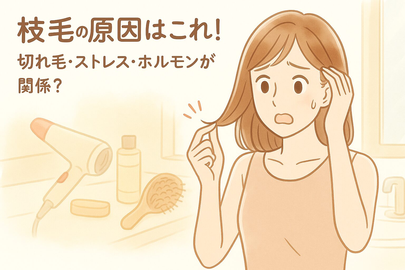鏡の前で枝毛を見つけてショックを受けている女性