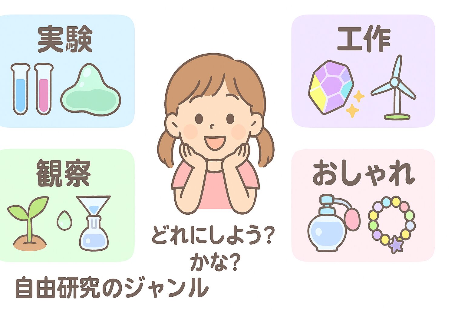 実験・工作・観察・おしゃれ系など、自由研究のジャンル別イメージをまとめたイラスト