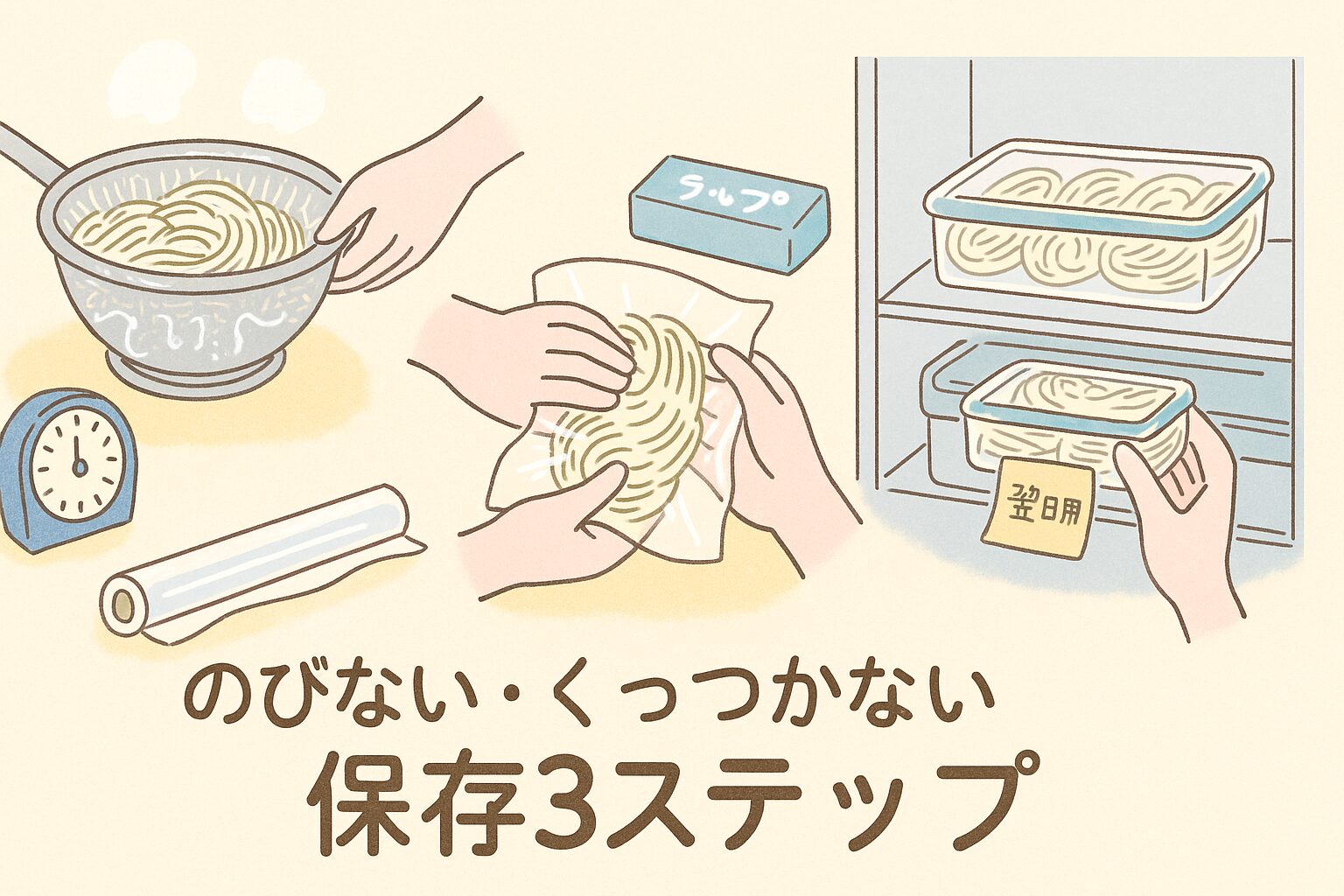 そうめんを水切り・ラップ保存・冷蔵する3ステップの保存方法イラスト