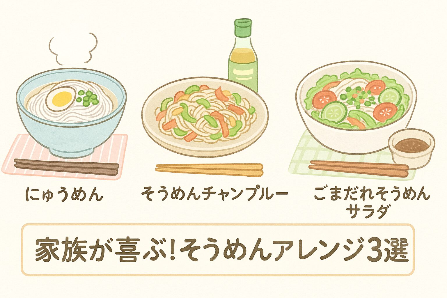 彩り豊かなそうめんアレンジレシピ3種(にゅうめん・チャンプルー・サラダ)のイラスト