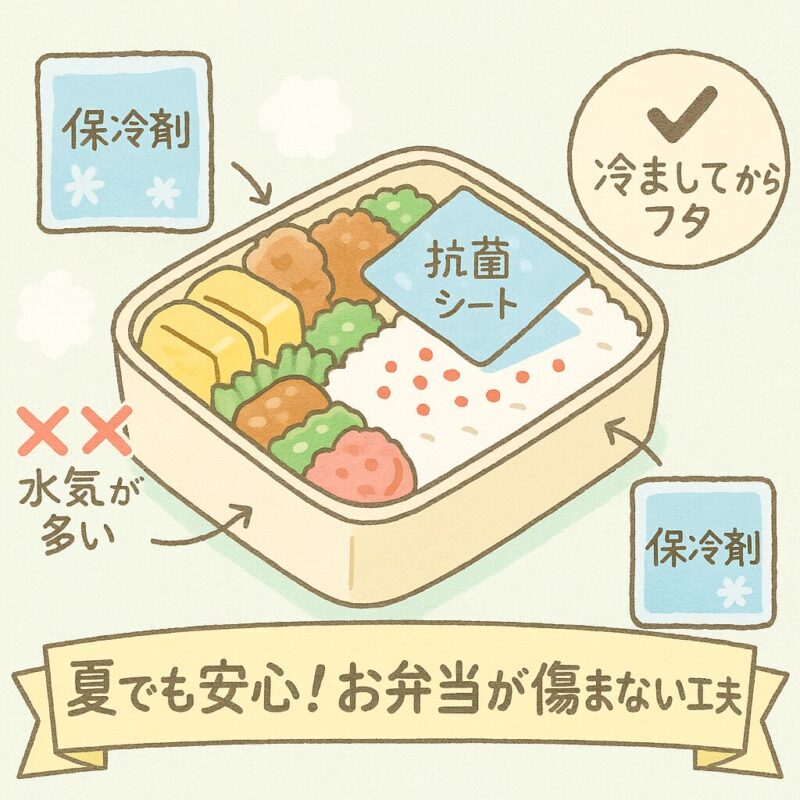 夏のお弁当が傷まないようにするための工夫(保冷・抗菌・詰め方)を描いたイラスト