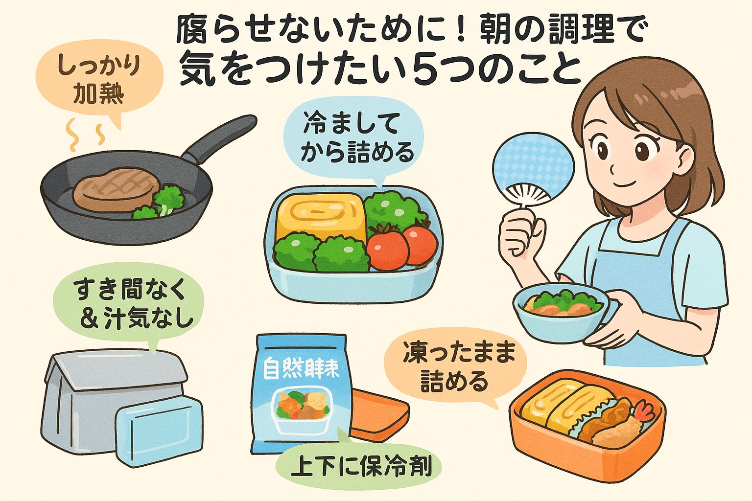 夏のお弁当を腐らせない調理の5つのポイントを図解したイラスト