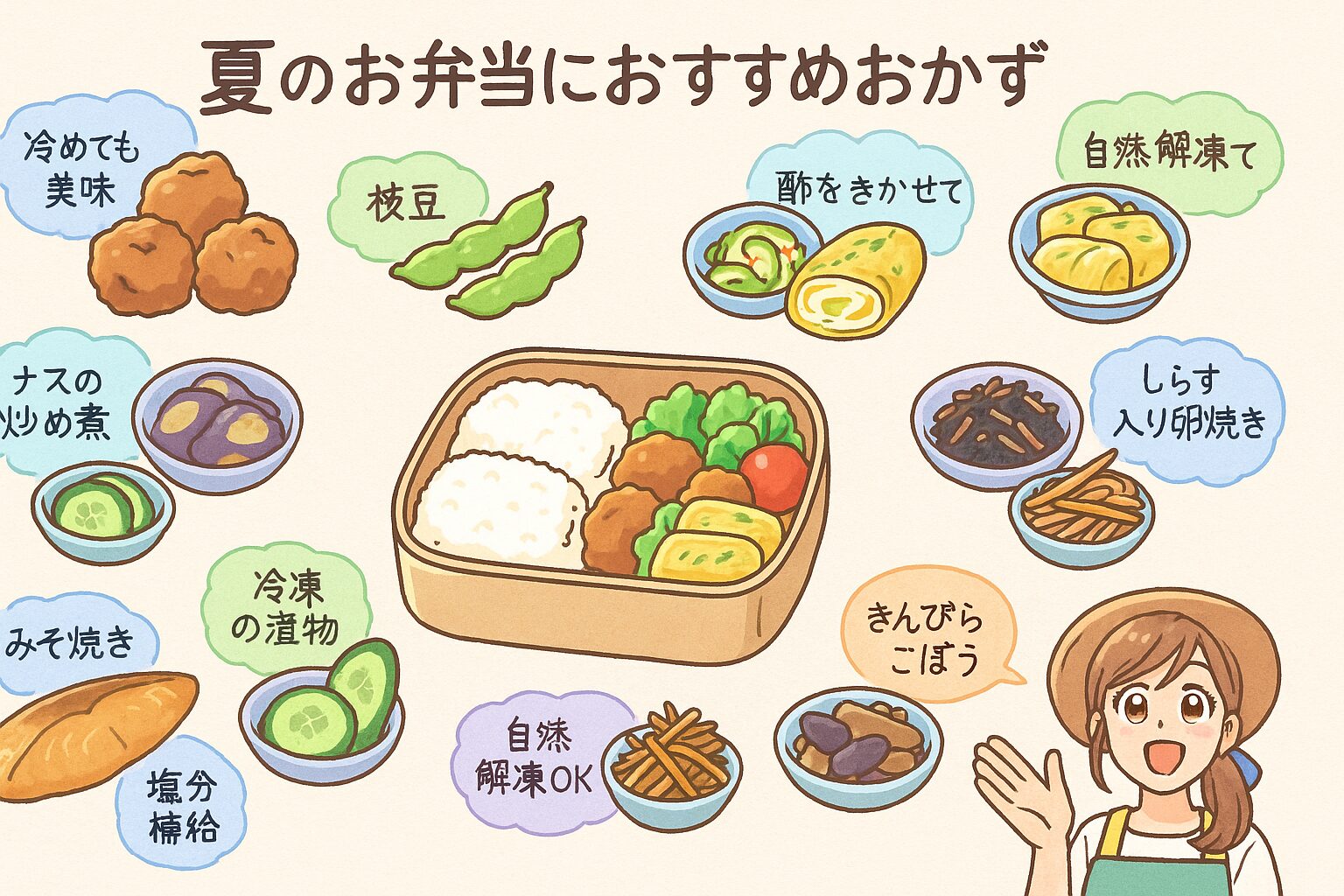 夏のお弁当におすすめの傷みにくいおかず10選のイラスト