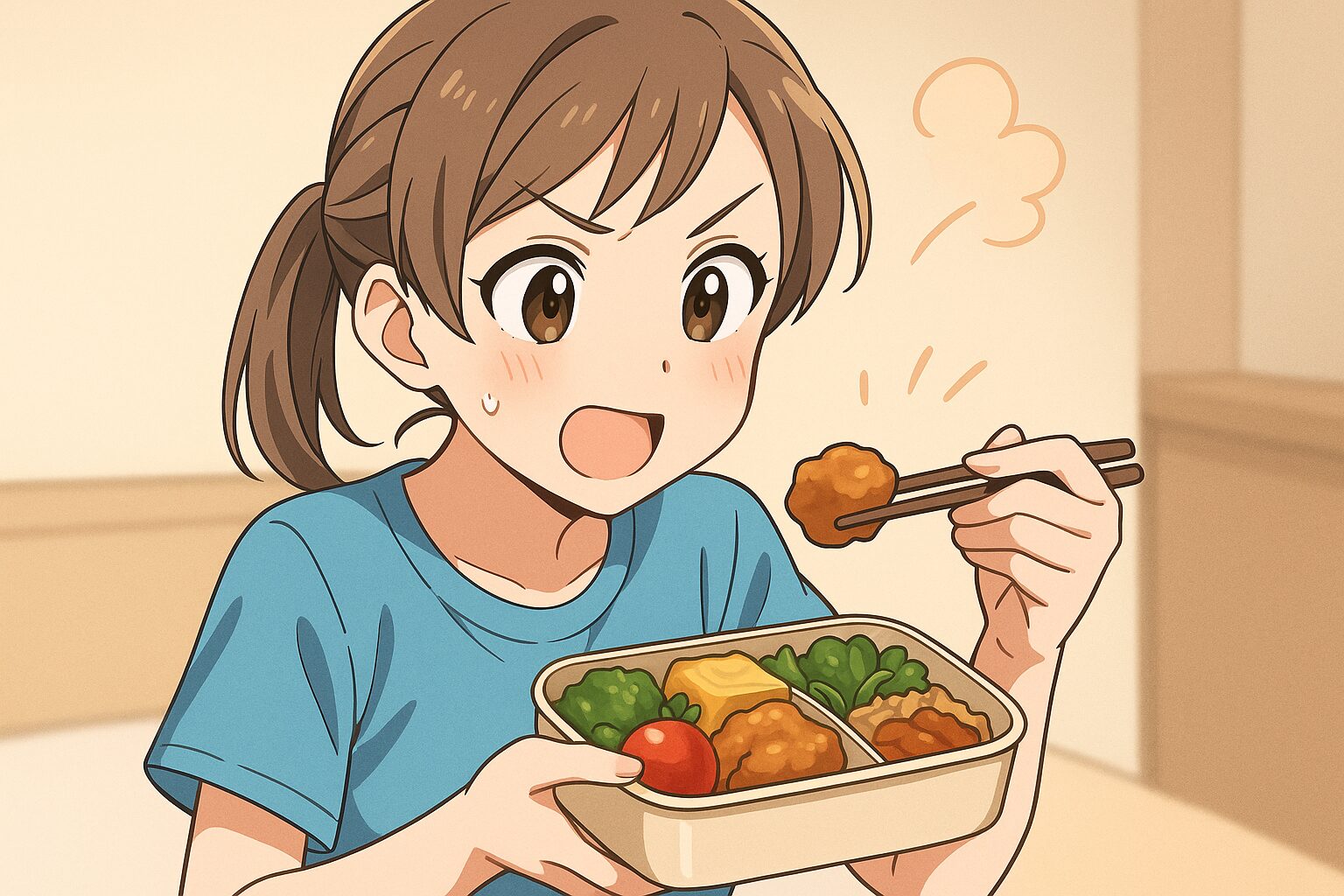 夏に傷まないおかずに配慮したお弁当を食べる女の子のイラスト