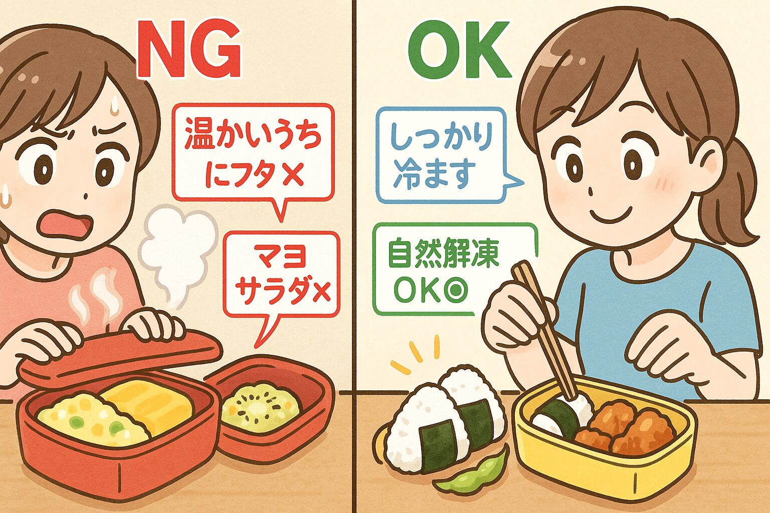 夏のお弁当に入れると危ないNG食材と詰め方の例を比較した図解イラスト