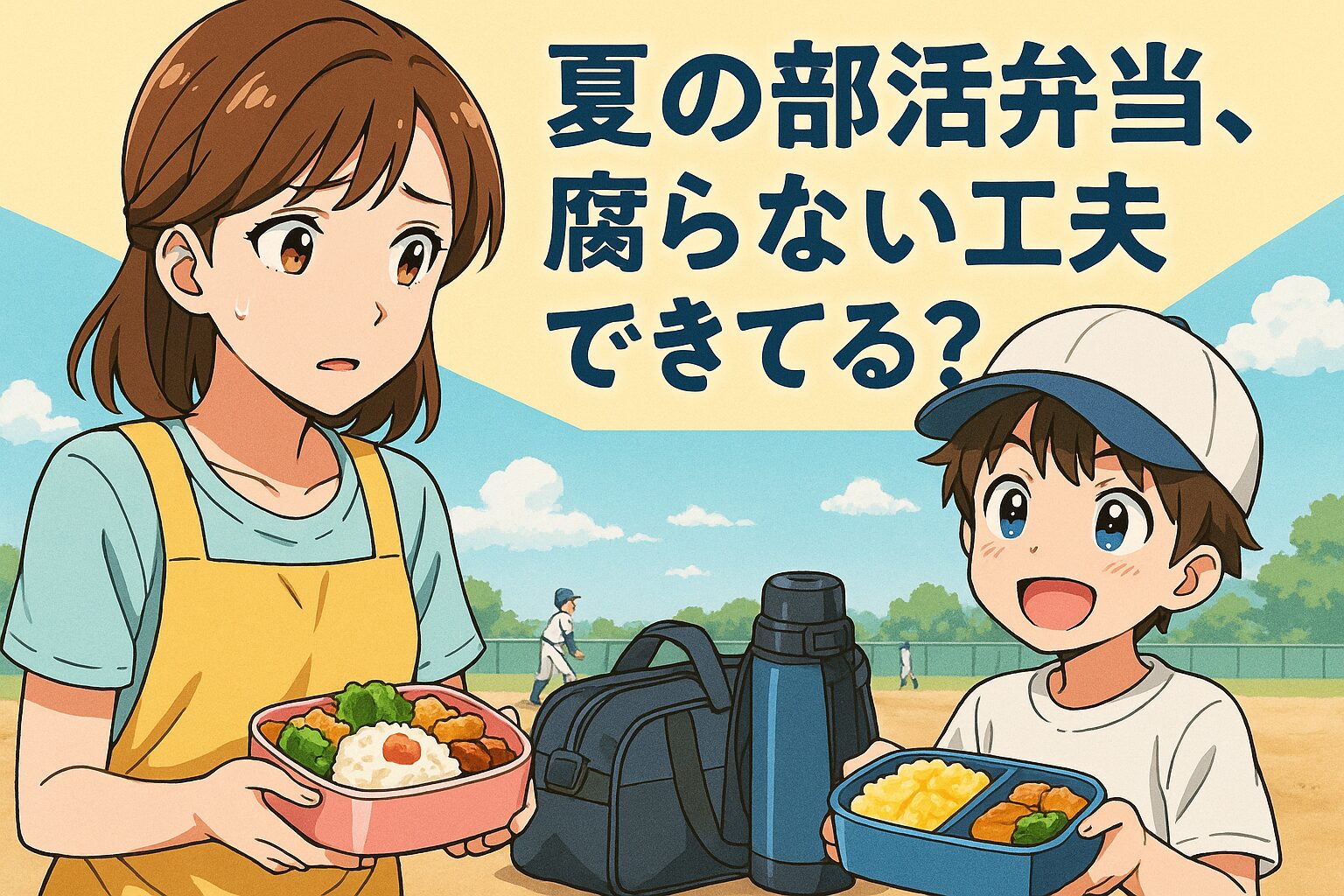 夏の部活弁当を心配するママと、安心して食べる子どものイラスト